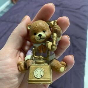 Bear Figurine with Vintage Telephone - Brown & Gold